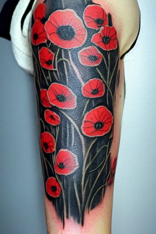 Prompt: tattoo concept, poppy, spine, red, black, fine line