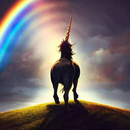 Prompt: a unicorn standing on its back legs, rainbow in the background, dramatic lighting, cinematic, establishing shot, extremely high detail, photo realistic, cinematic lighting, post processed, concept art, artstation, matte painting, style by eddie mendoza, raphael lacoste, alex ross