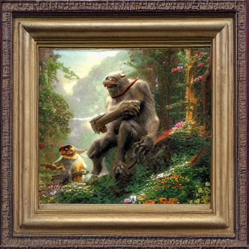 Image similar to pepe learning from apes, thomas kindkade, fantasy, intricate