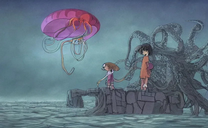 Image similar to a realistic cell - shaded studio ghibli concept art from paprika ( 2 0 0 6 ) of a flying multi - colored octopus from close encounters of the third kind ( 1 9 7 7 ) and a grey long - haired witch in a flooded stonehenge on a misty starry night. very dull colors, wide shot, hd, 4 k, hq