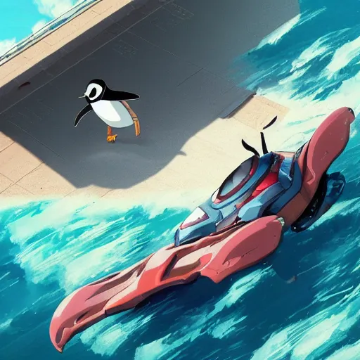 Image similar to car, robot, penguin, ocean, blue sky, illustration concept art anime key visual trending pixiv fanbox by wlop and greg rutkowski and makoto shinkai, studio ghibli 3 d render