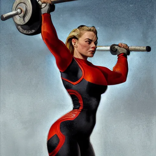 Image similar to socialist realism propaganda poster of margot robbie as beautiful female very muscular weightlifter from overwatch, portrait, profile picture, socialist realism, highly detailed, intricate, digital painting, artstation, sharp focus, illustration, art by jakub rozalski, greg rutkowski, artgerm, tan zi and ayanamikodon and alphonse mucha and wlop