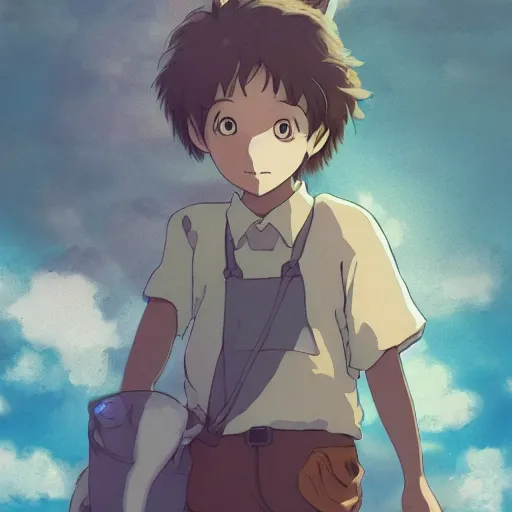 Image similar to friendly boyand small creature , with Fragile looking character portrait face made in Studio Ghibli artstyle ,highly detailed art, beautiful scene, sharp focus, smooth, 8k, anime art, fantasy, style in ghibli anime