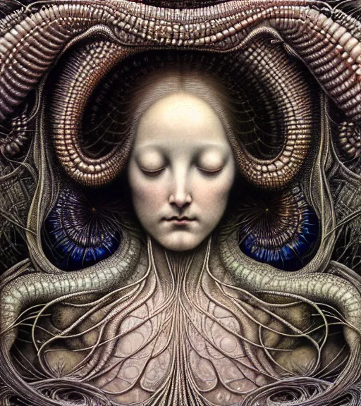 Prompt: detailed realistic beautiful pearlescent goddess face portrait by jean delville, gustave dore, iris van herpen and marco mazzoni, art forms of nature by ernst haeckel, art nouveau, symbolist, visionary, gothic, neo - gothic, pre - raphaelite, fractal lace, intricate alien botanicals, biodiversity, surreality, hyperdetailed ultrasharp octane render