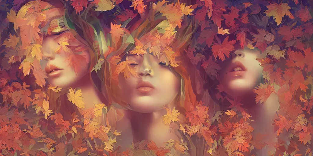 Image similar to breathtaking detailed concept art painting kaleidoscope art deco pattern of blonde faces goddesses amalgamation autumn leaves, by hsiao - ron cheng, bizarre compositions, exquisite detail, extremely moody lighting, 8 k