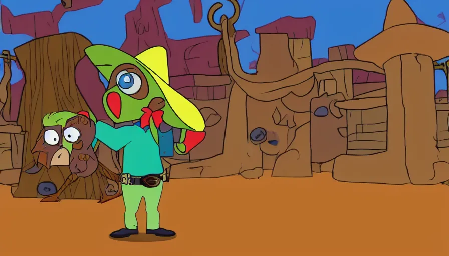 Image similar to 2000s cartoon show screenshot about a gunslinging owl from the wild west, wearing a cowboy hat an eye mask, standing in an old west town the animated show, in the style of cowboys of moo mesa