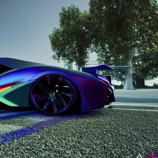 Image similar to iridescent pearl colored supercar, black spoiler, white rims, purple tinted windows, mansion in background, 8 k, octane render, ultra detailed, intricate