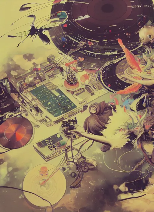 Image similar to surreal gouache painting, by yoshitaka amano, by ruan jia, by Conrad roset, by good smile company, detailed anime 3d render of a chemical flying Vinyl records close to the DJ Mixer, deck surrounded by chemical Dragonflies, Vinyl records, controller, portrait, cgsociety, artstation, rococo mechanical and Digital and electronic, dieselpunk atmosphere