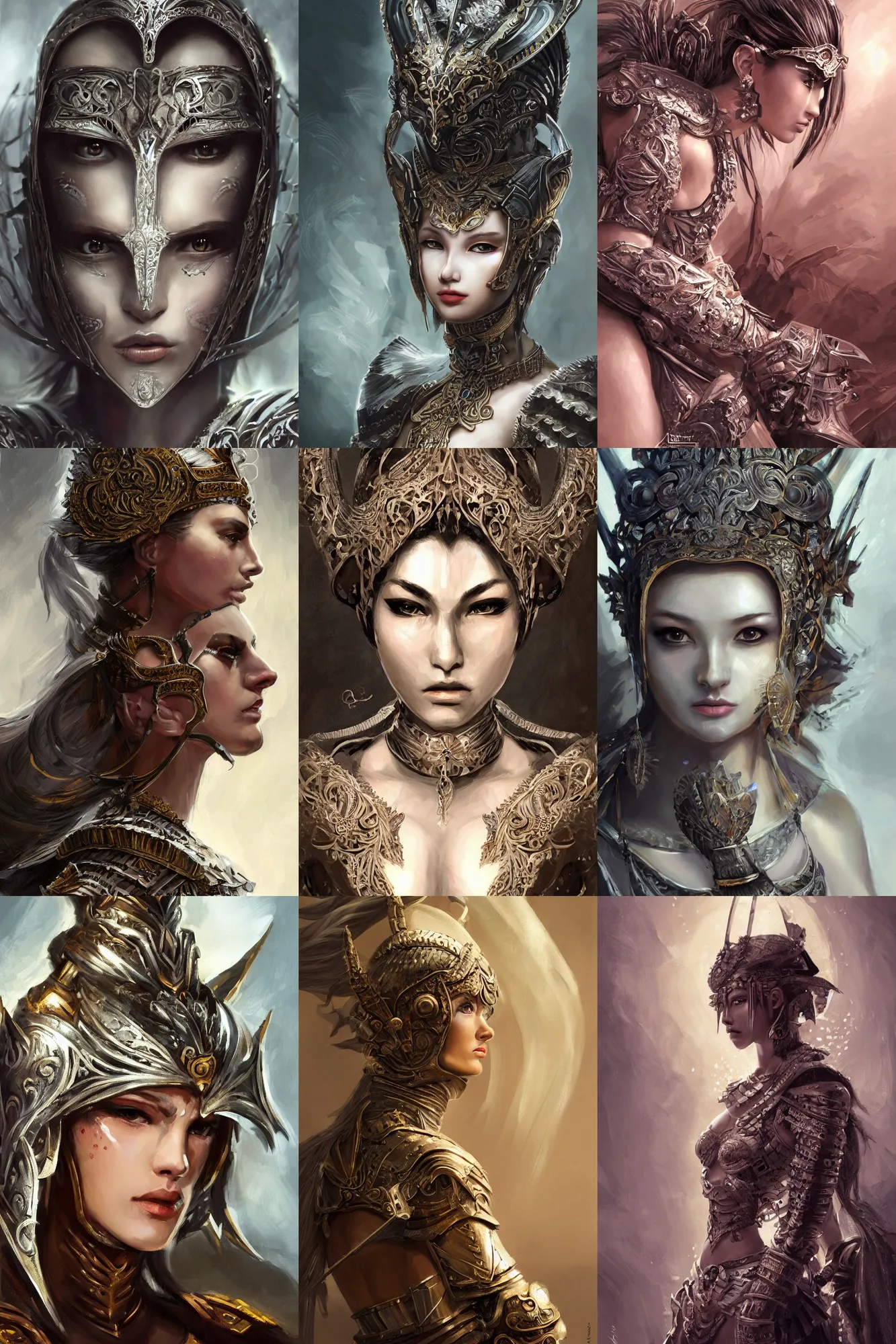 Prompt: female warrior, lovely delicate face, beautiful woman, close - up shots of faces, oil painting, intricate armour costumes, light and shadow effects, intricate, digital painting, art station, concept art, cold tones, sharp focus, morandi color scheme, sharply shaped, illustration, 4 k wallpaper, masterpiece, gorgeous, art by reiq, art by takeshi obata