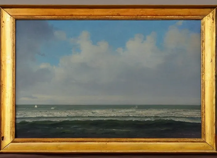 Image similar to omaha beach, normandy in the style of hudson river school of art, oil on canvas