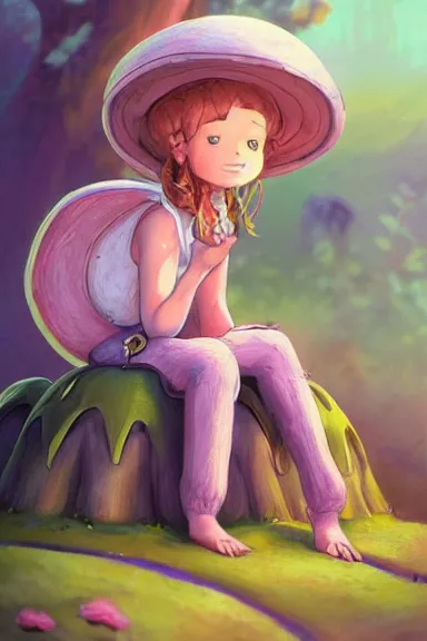 Prompt: a beautiful little girl wearing a mushroom hat sitting on her bed with a frog in her lap | | purple hair with braids, pretty face, fine details, art by marc simonetti and studio ghibli, trending on pixiv, anatomically correct