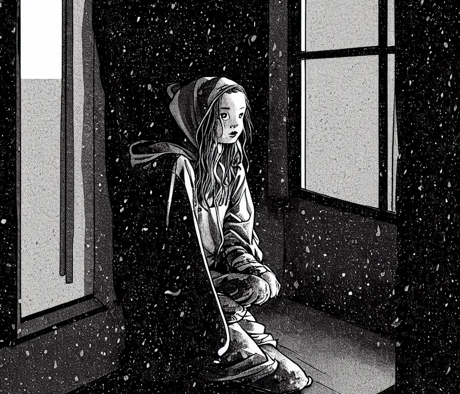 Prompt: sadie sink in hoodie sits on windowsill, knees tucked in | rain falls at night : storyboard, scifi cyberpunk. by chris bonura, joe alves, gabriel hardman. cinematic atmosphere, detailed and intricate, perfect anatomy