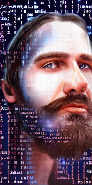 Prompt: cinematic dramatic movie poster of a short beard hypnotist, made of binary numbers and programming code, by peter gric, very artistic, artstation