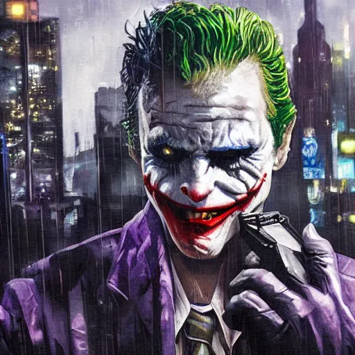 Prompt: oil painting of the joker in cyberpunk gotham city. the joker has a smirk on his face with a grenade in his hand