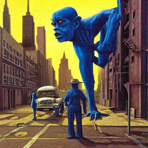 Prompt: a man is followed through the lower east side by strange figures he can only half - see. high quality high detail painting by david mattingly and ralph mcquarrie and richard corben, hd, realistic matte painting, photorealistic lighting, modern supernatural urban horror