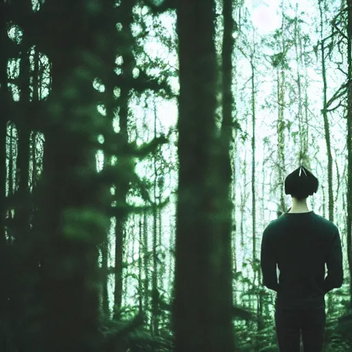 Image similar to kodak portra 4 0 0 photograph of a skinny goth guy standing in a dark forest, back view, flower crown, moody lighting, telephoto, 9 0 s vibe, blurry background, vaporwave colors, faded!,