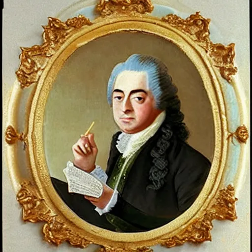 Image similar to colorized photo of G.F. Handel in powdered wig eating cake