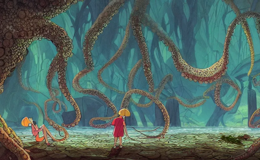 Prompt: a realistic cell - shaded studio ghibli concept art from paprika ( 2 0 0 6 ) of a flying intelligent multi - colored octopus from close encounters of the third kind ( 1 9 7 7 ) and a dimensional portal to another world in a flooded forest valley on a misty starry night. very dull colors, wide shot, hd, 4 k, hq