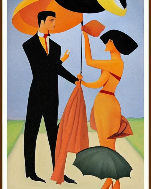 Prompt: a painting of a man and a woman holding an umbrella, an art deco painting by Grant Wood, featured on behance, american scene painting, movie poster, poster art, concert poster