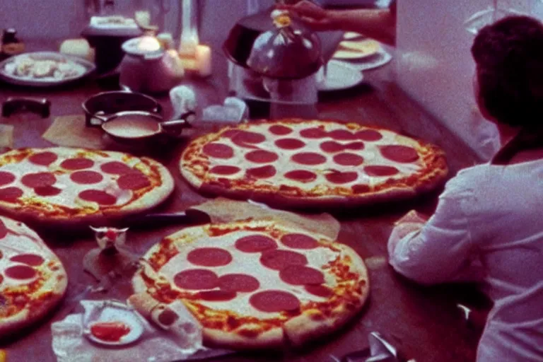 Prompt: pizza aspic in cyberspace, in 1 9 8 5, food photography, y 2 k cybercore, industrial low - light photography, still from a ridley scott movie