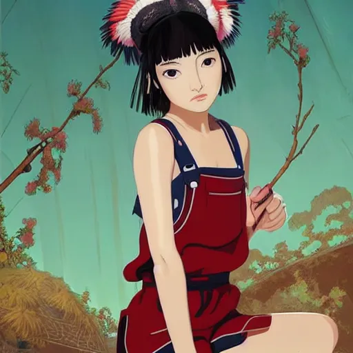 Image similar to a beautiful young japanese natalie portman alluring gravure model, stylized concept art, wearing elegant designer overalls, elegant overalls with mesoamerican patterns, mesoamerican native street fashion, princess mononoke, painted by jamie hewlett and ashley wood and mike mignola, aesthetic, gorgeous, stunning, alluring, attractive, artstation, pinterest, digital art