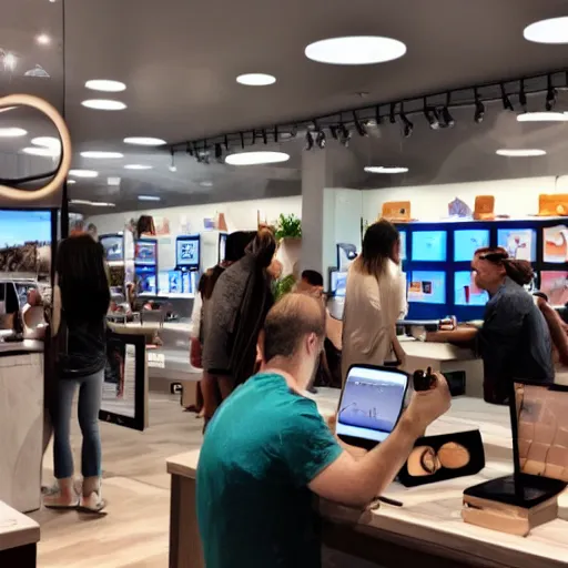Prompt: photo of cavemen at an iphone store, award - winning photograph