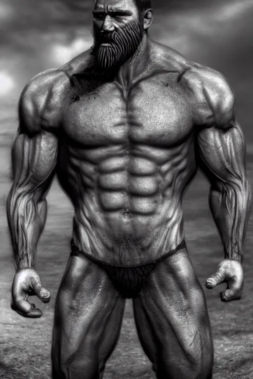 Image similar to a single muscular man wearing torn clothes, looking to the right, profile picture, hyperrealistic, concept art, octane render, unreal engine 5, trending on artstation, high quality, highly detailed, 8 k, dramatic lighting, cinematic, high coherence, anatomically correct, five fingers, digital art, seductive, black and white, big beard, epic