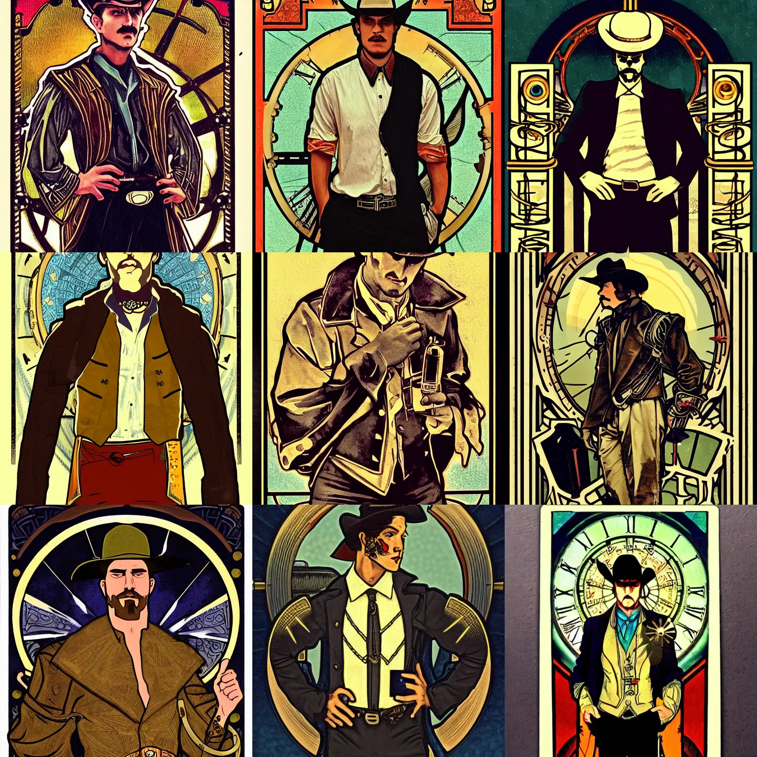 Prompt: a dramatic moody symmetrical tarot painting of a suspicious villainous handsome cowboy | his shirt is unbuttoned | background is the front of a steam train locomotive | tarot card, art deco, art nouveau, clocks, steampunk | (((by Alphonse Mucha))) | trending on artstation