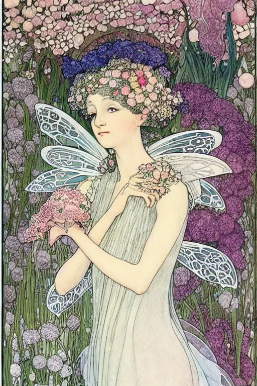 Prompt: realistic portrait of a beautiful fairy princess surrounded by a frame of flowers, detailed art by kay nielsen and walter crane, illustration style, watercolor