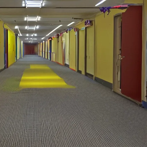 Image similar to Liminal space with a clown, the backrooms, office/thrift store/social hall, carpet, abandoned, poor fluorescent lighting, yellow tint, security camera footage, low resolution