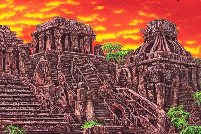 Prompt: ornate detailed aztec temple with blood and skulls, jungle setting, red sunset sky