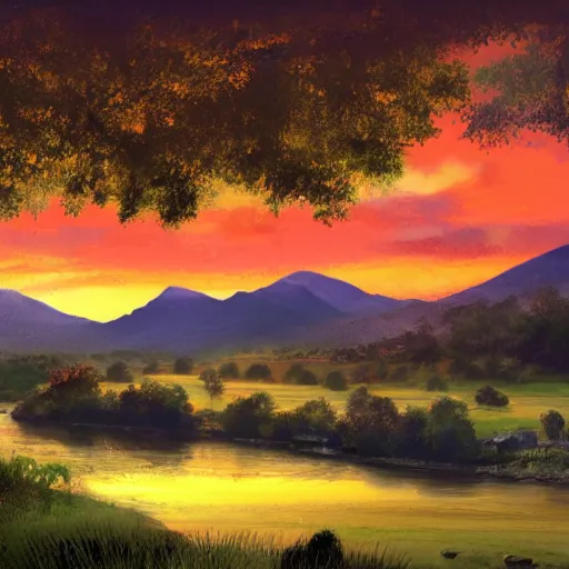 Image similar to A vast green landscape with a river running through it, a small village in the distance and a few mountains in the background. The sun is setting and the sky is ablaze with oranges, reds and yellows. A beautiful, serene and peaceful scene, digital painting, 4k, concept art, artstation, matte painting, by Yuji Kaneko