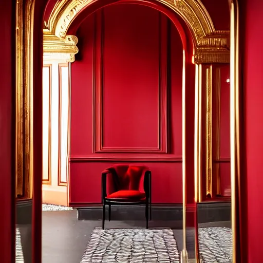 Image similar to a red chair, surrounded by sinuous gold tools, at the end of a black reflective marble hallway