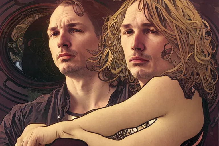 Image similar to hyper realistic portrait of the bends singer songwriter, by lee bermejo, alphonse mucha and greg rutkowski