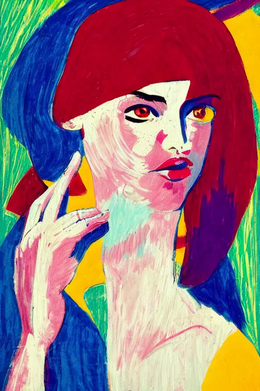 Prompt: girl portrait, abstract, rich in details, modernist composition, coarse texture, concept art, visible strokes, colorful, Kirchner, Gaughan, Caulfield, Aoshima, Earle