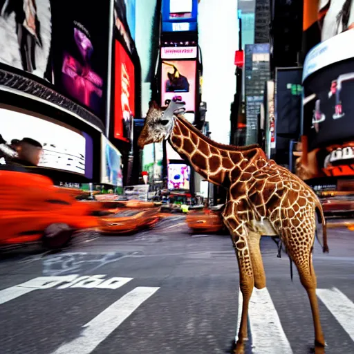 Image similar to a still of a giraffe stand in the intersection at times square. motion blur