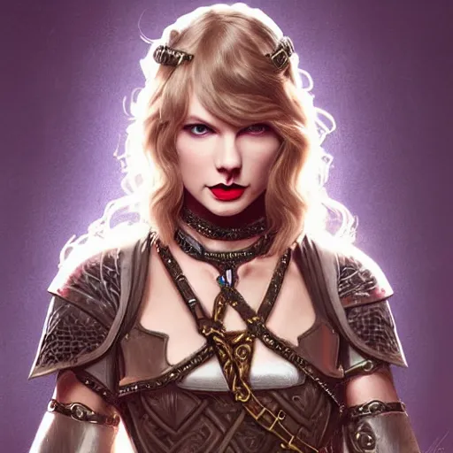 Prompt: portrait of taylor swift as a warrior woman, looking at camera, d & d, choker on neck, stylish armor, intricate, elegant, stylish, fierce look, fantasy, extremely detailed, digital painting, artstation, concept art, smooth, sharp focus, illustration, stunning lighting, art by artgerm and greg rutkowski and alphonse mucha and simon stalenhag.