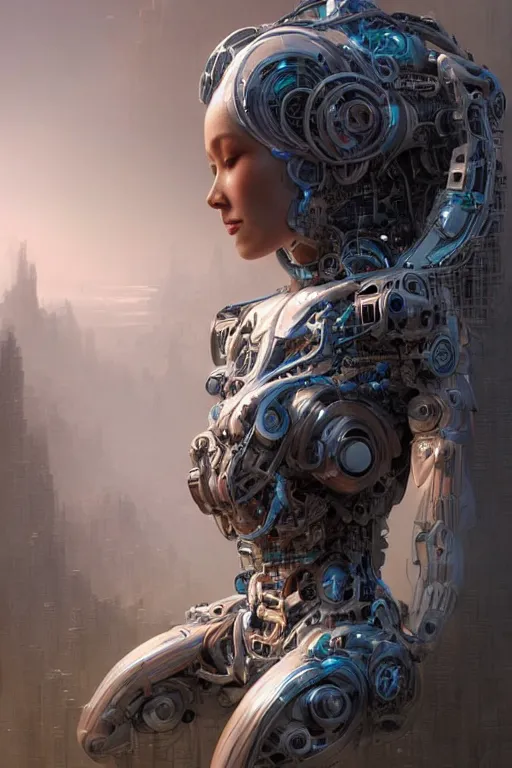 Prompt: a hiper intricate portrait of beautiful cybernetic woman build by artificial inteligence almost done, insanely intricate 3 d render, hyper realistic detailed portrait, scifi, futurism, hdri light, photoreal, hyper detailed, octane render, concept art, by peter mohrbacher, by wlop, by ruan jia