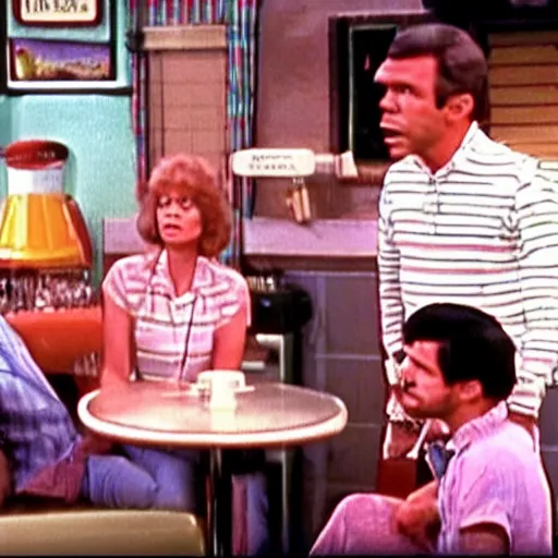 Prompt: screenshot of the sad family in Al's diner from 70s comedy TV show unhappy days
