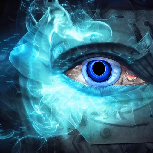 Image similar to blue giant eye magic spell, magic spell surrounded by magic smoke, floating cards, hearthstone coloring style, epic fantasy style art, fantasy epic digital art