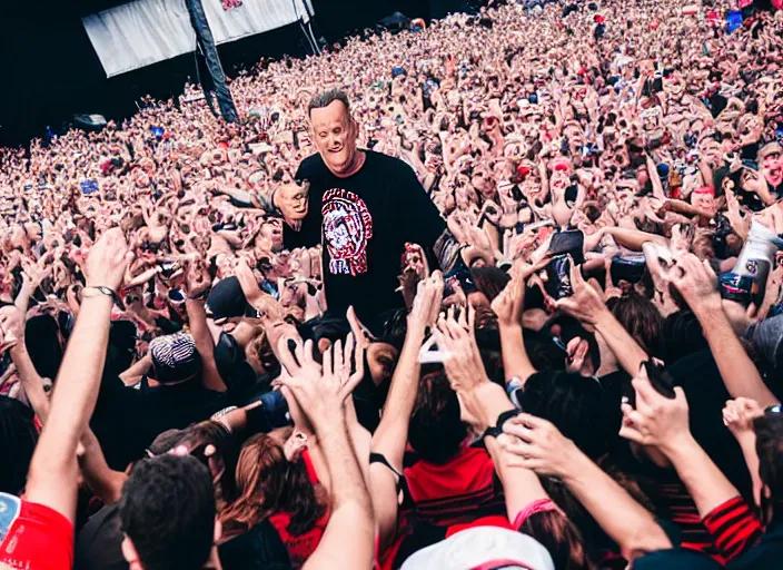 Image similar to photo still of tom hanks at vans warped tour!!!!!!!! at age 4 5 years old 4 5 years of age!!!!!!! stage diving into a crowd, 8 k, 8 5 mm f 1. 8, studio lighting, rim light, right side key light