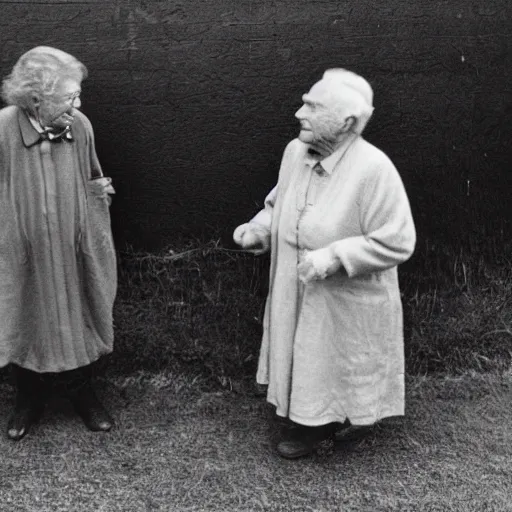 Image similar to A blurry photo of a conversation between an old woman and a very old man, taken by german photographer Axel Hess