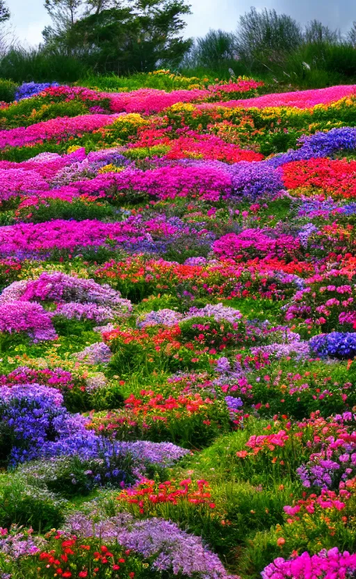 Prompt: photograph beautiful landscape of flowers from r/earthporn subreddit Niko camera 4k