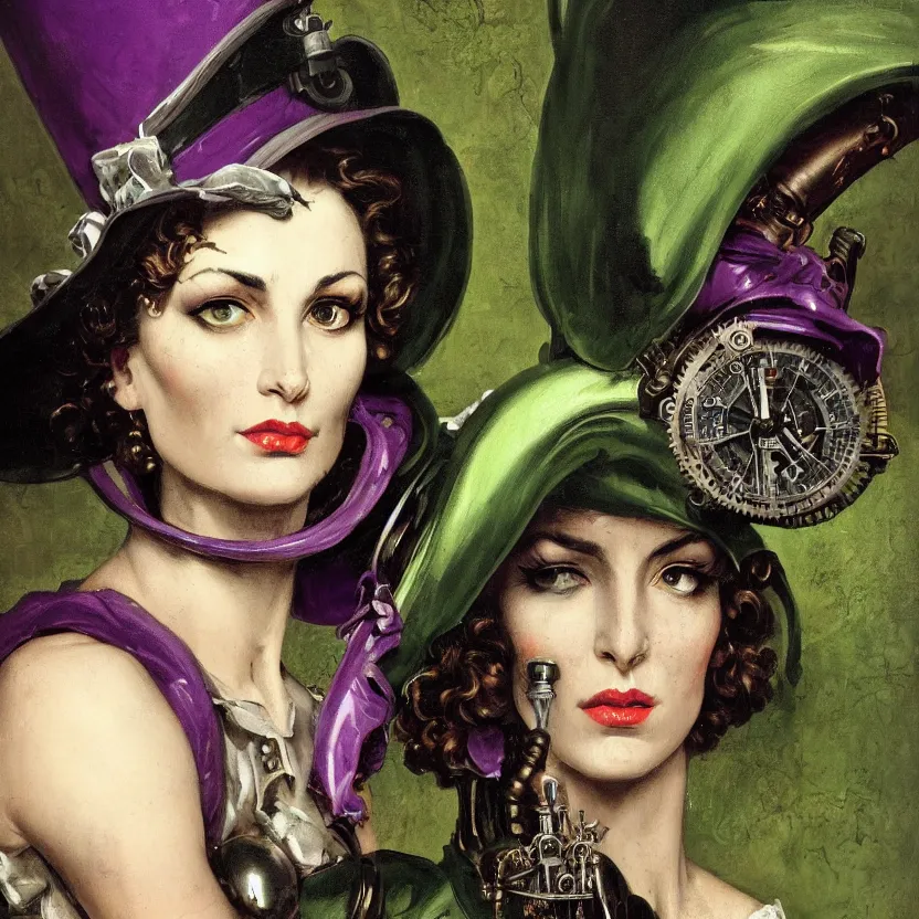 Prompt: a baroque neoclassicist close - up portrait of a steampunk witch, head and shoulders, large marble architecture in background. deep green and purple. renaissance portrait painting. highly detailed science fiction painting by norman rockwell, frank frazetta, and syd mead. rich colors, high contrast, gloomy atmosphere, dark background. trending on artstation