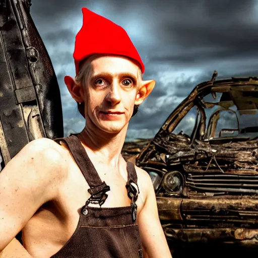 Image similar to close up headshot of a skinny high-fantasy elf with a long face narrow chin and spiky blonde hair wearing dark brown overalls and holding a bomb next to a destroyed car, high resolution film still, HDR color