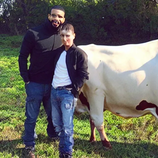 Prompt: a photo of drake, standing with a cow