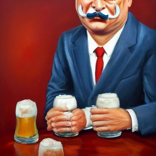 Prompt: viktor orban with a beer moustache, anatomically correct, oil painting, hyper realistic, 8 k highly detailed