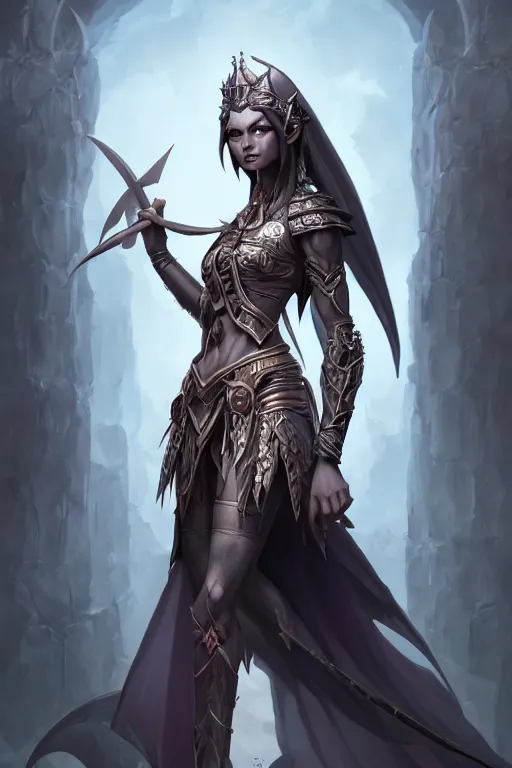 Prompt: dark elf princess, highly detailed, d & d, fantasy, highly detailed, digital painting, trending on artstation, concept art, sharp focus, illustration, global illumination, shaded, art by artgerm and greg rutkowski and fuji choko and viktoria gavrilenko and hoang lap