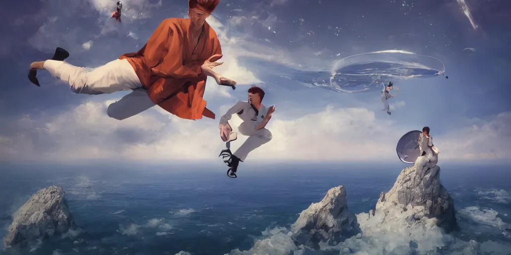 Prompt: Floating david bowies over a blue ocean, Darek Zabrocki, Karlkka, Jayison Devadas, Phuoc Quan, trending on Artstation, 8K, ultra wide angle, pincushion lens effect.