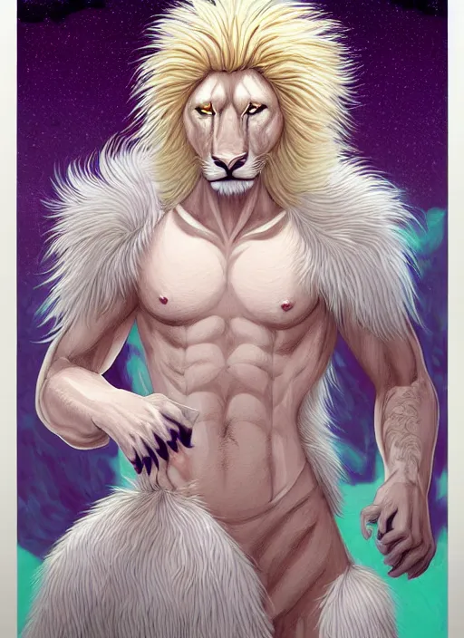 Prompt: aesthetic portrait commission of a of a male fully furry muscular anthro albino lion with a tail and a beautiful attractive hyperdetailed face wearing stylish and creative mint outfit made out of silk in a sci - fi dystopian city at golden hour while it storms in the background. character design by dittmann, anna, detailed, inked, western comic book art, award winning film poster painting